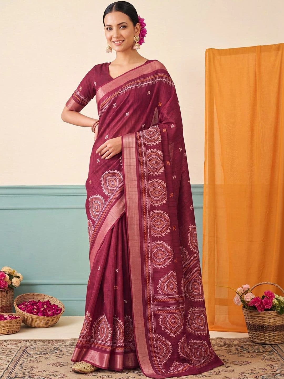 Anouk Ethnic Motifs Zari Silk Blend Designer Block Print Saree thumbnail 3