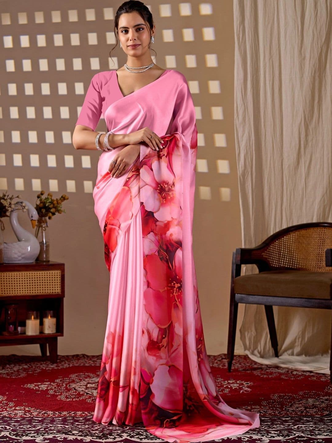 LeeliPeeri Designer Floral Satin Designer Saree - view 1