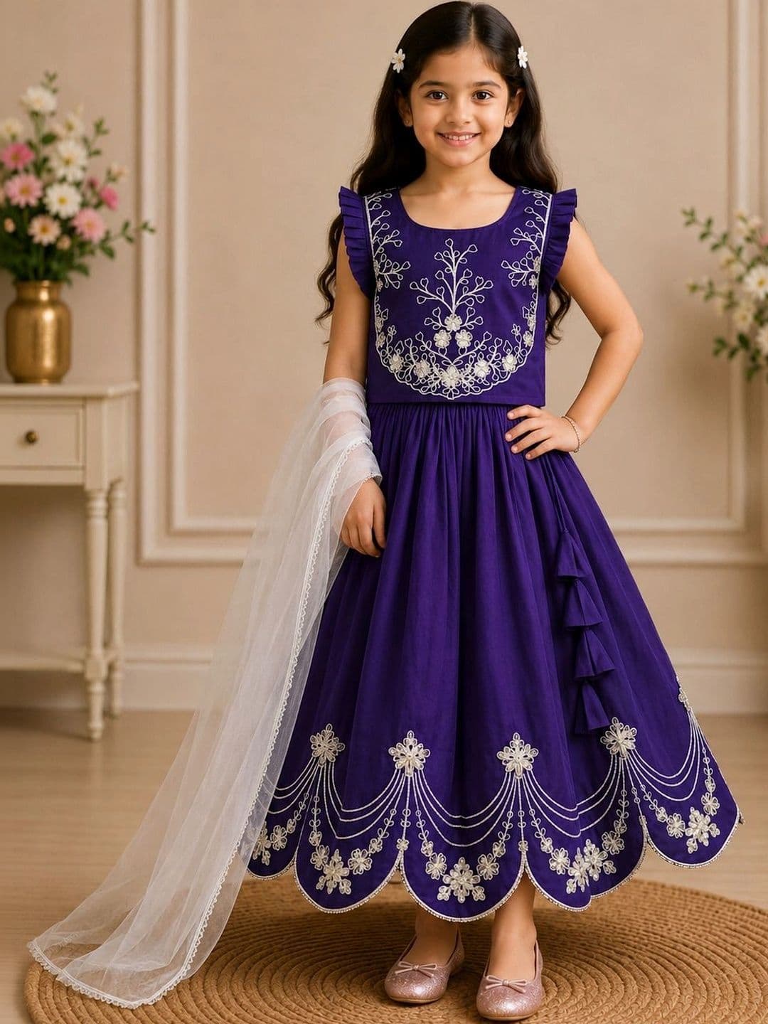 KALINI Girls Embroidered Thread Work Ready to Wear Lehenga & Blouse With Dupatta - view 1