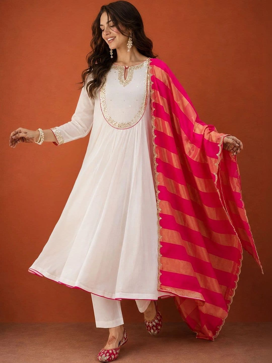 Sangria Women Floral Embroidered Regular Chanderi Silk Kurta with Trousers & With Dupatta thumbnail 5