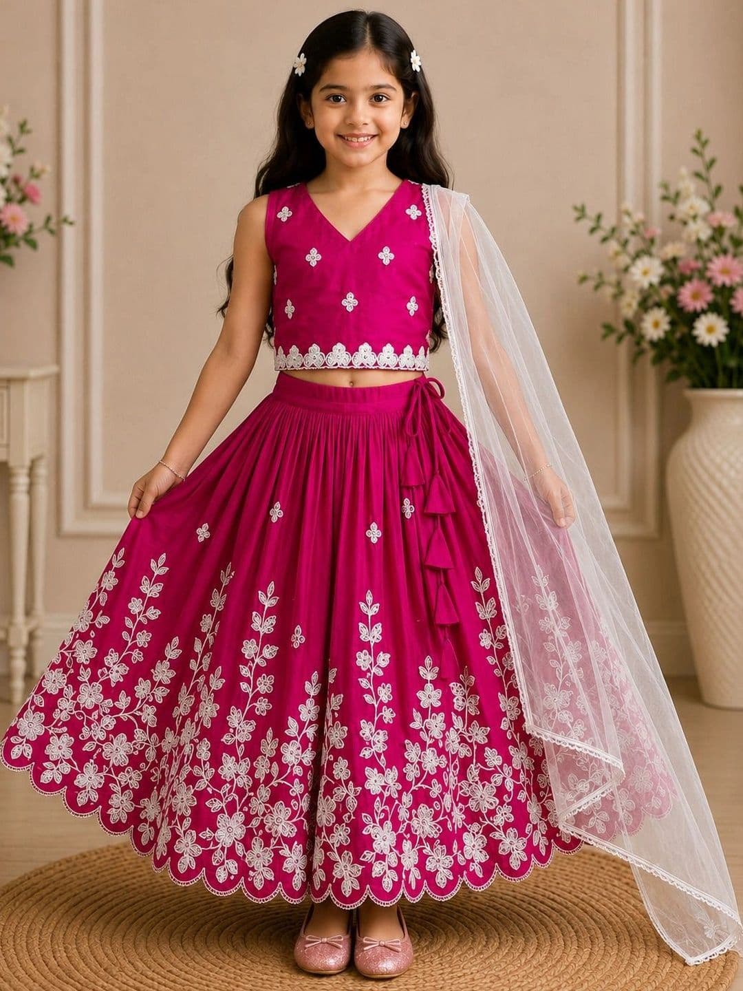 KALINI Girls Embroidered Thread Work Ready to Wear Lehenga & Blouse With Dupatta - view 1