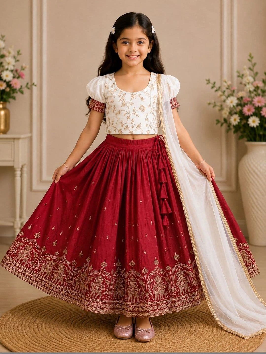 KALINI Girls Embroidered Thread Work Ready to Wear Lehenga & Blouse With Dupatta - view 1