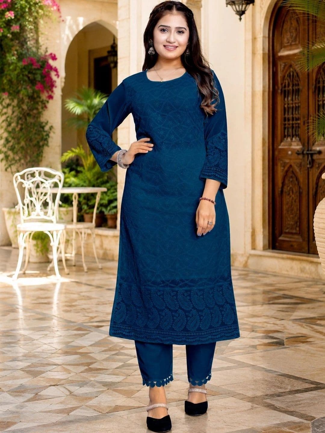 C H CREATION Ethnic Motifs Embroidered Chikankari Pure Georgette Chikankari Kurti - view 1