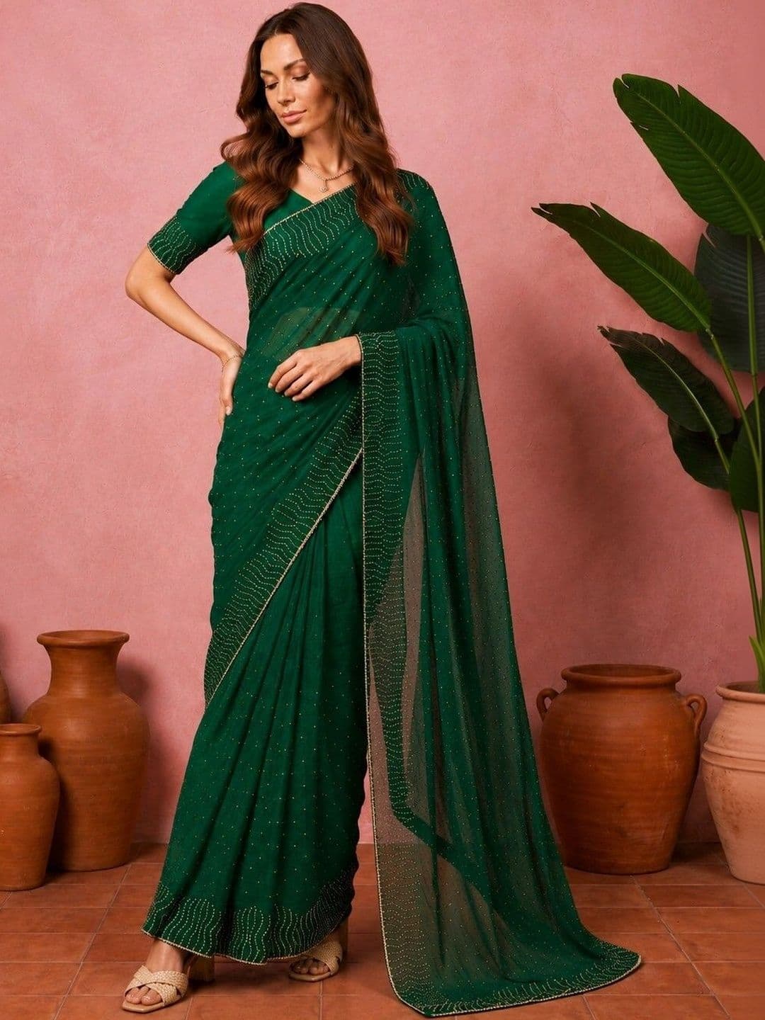 shreevali creation Embellished Beads and Stones Pure Chiffon Saree thumbnail 3