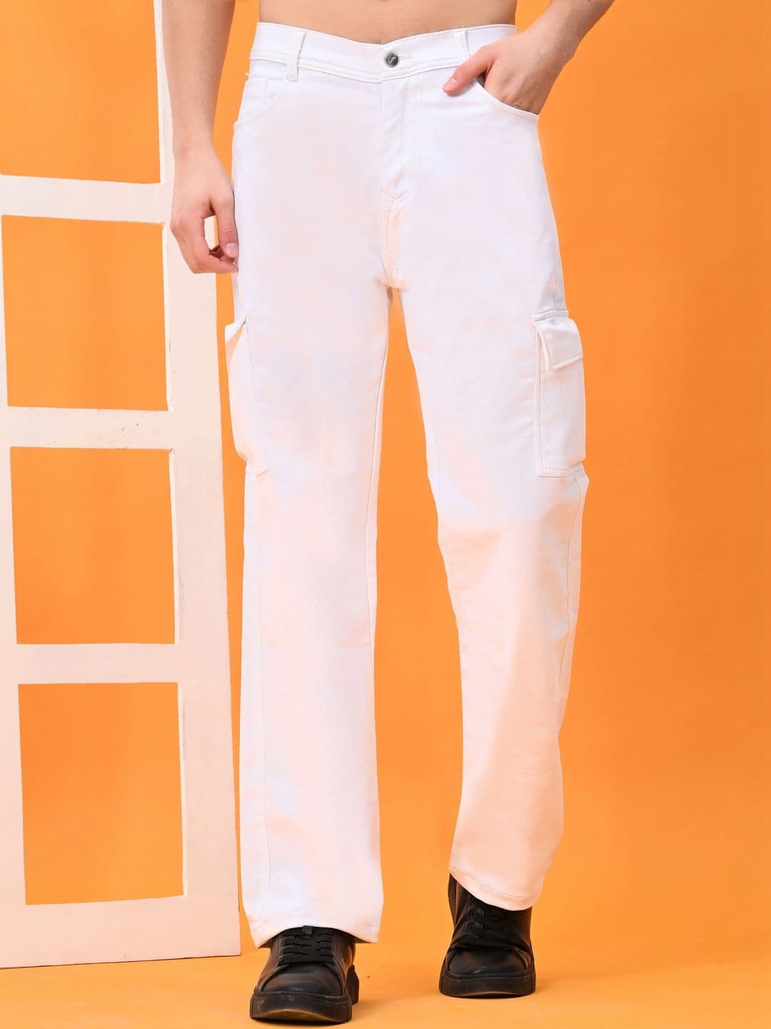 HERE&NOW Men's Coated White Mid-Rise Cargo Straight Fit Jeans - view 1