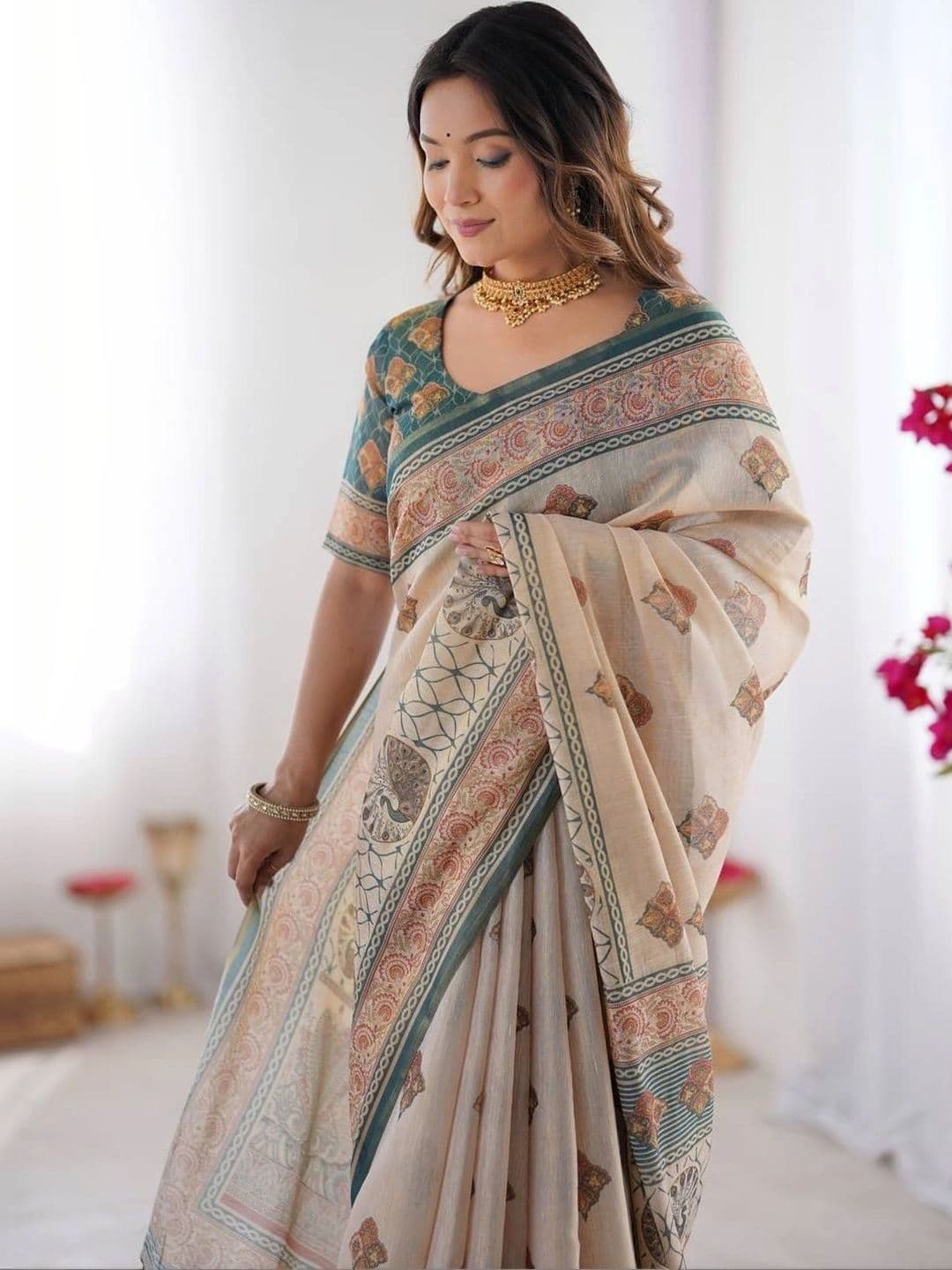 saneria silk Ethnic Motifs Linen Blend Bagru Saree thumbnail 6