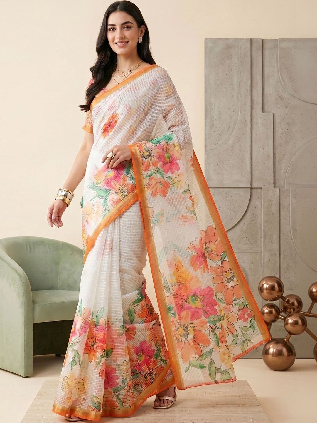 elora Floral Linen Blend Handloom Saree thumbnail 5