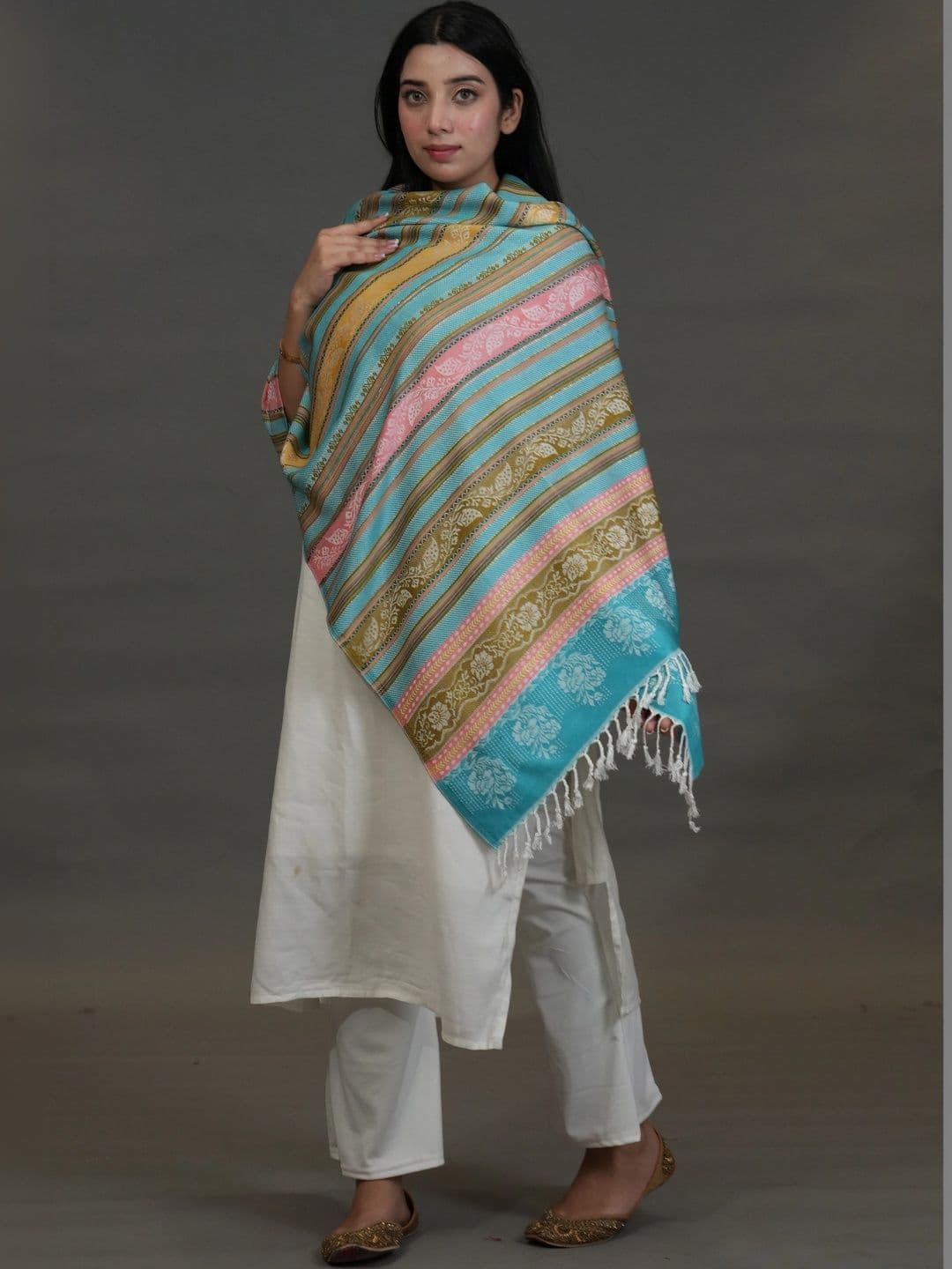 SHIFNEEN Women Striped Woven Design Acrylic Shawl thumbnail 5