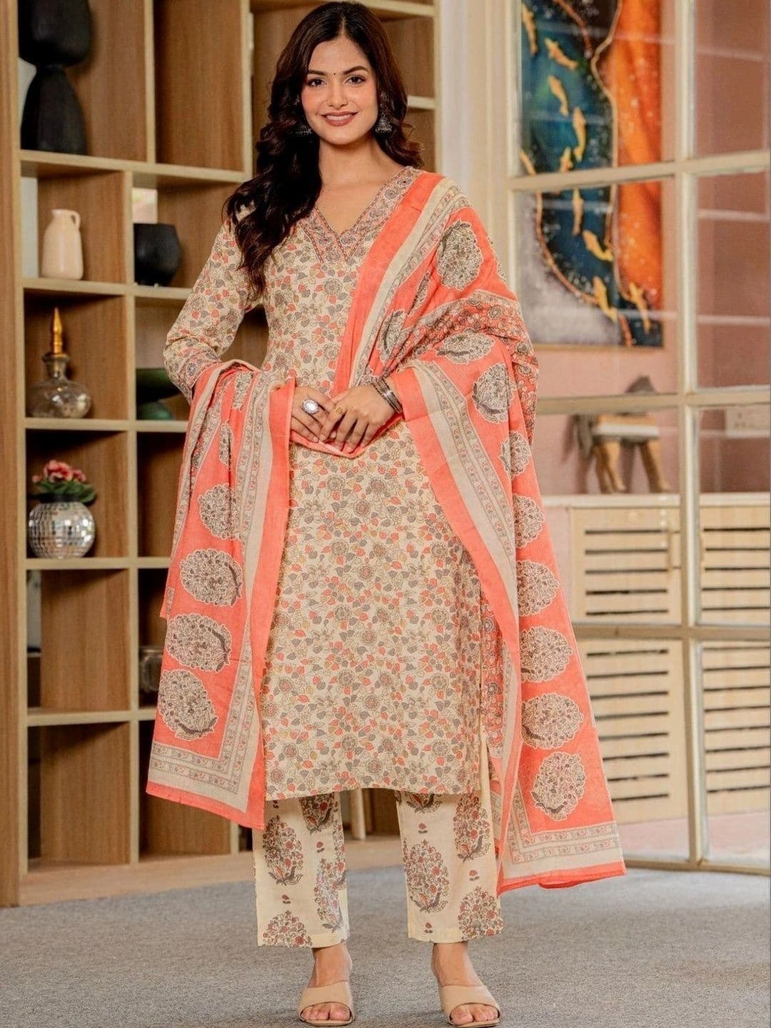 Anouk Women Floral Printed Regular Pure Cotton Kurta with Trousers & With Dupatta - view 1