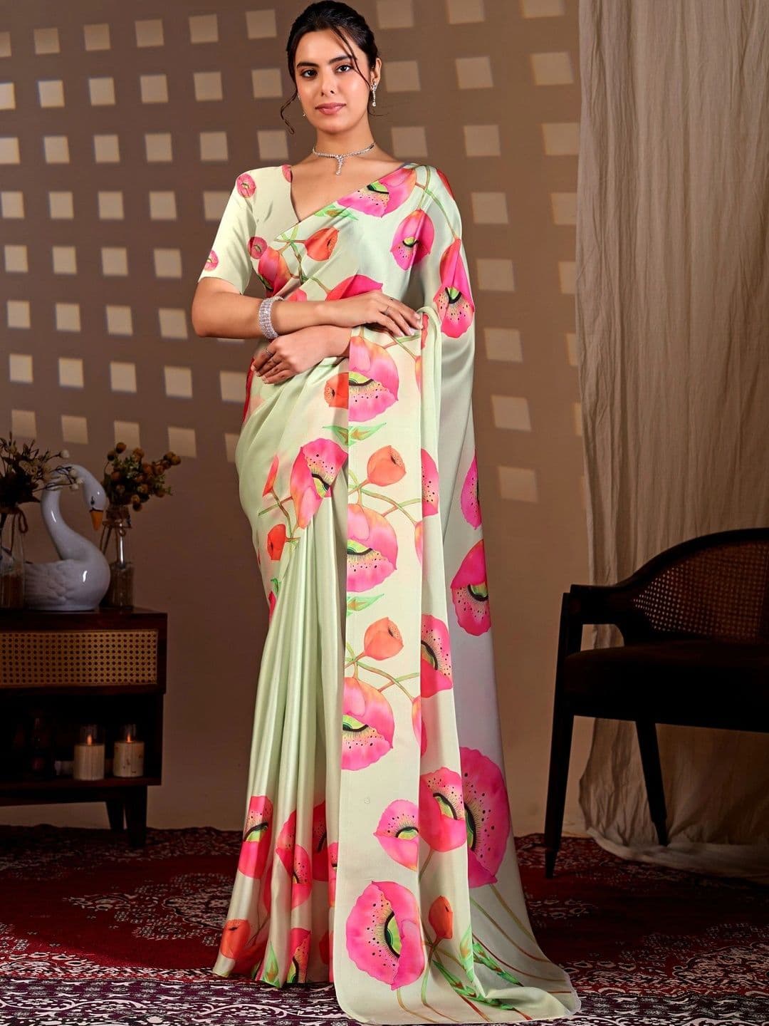 DIVASTRI Floral Satin Designer Saree - view 1