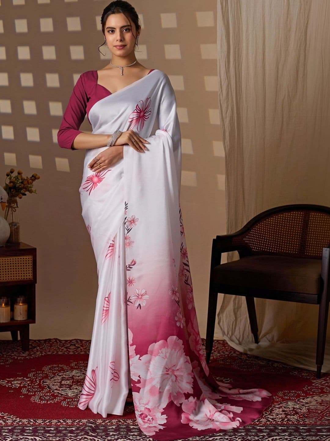 Mitera Floral Satin Fusion Saree - view 1