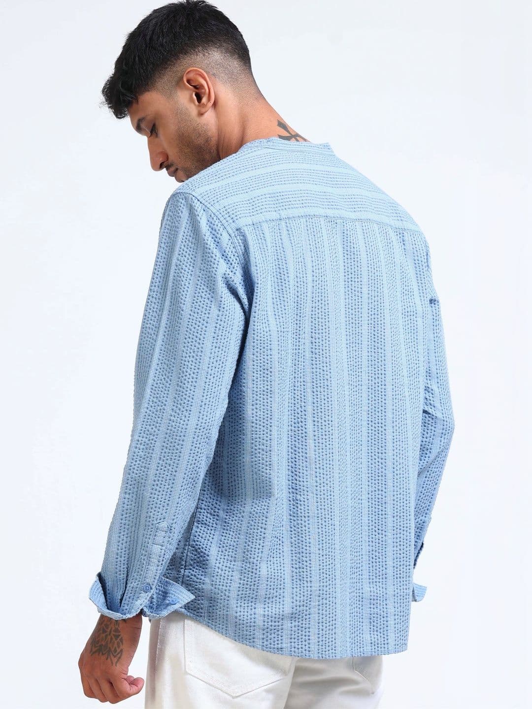 StitchX Men Seersucker Band Collar Pure Cotton Striped Kurta Shirt thumbnail 7