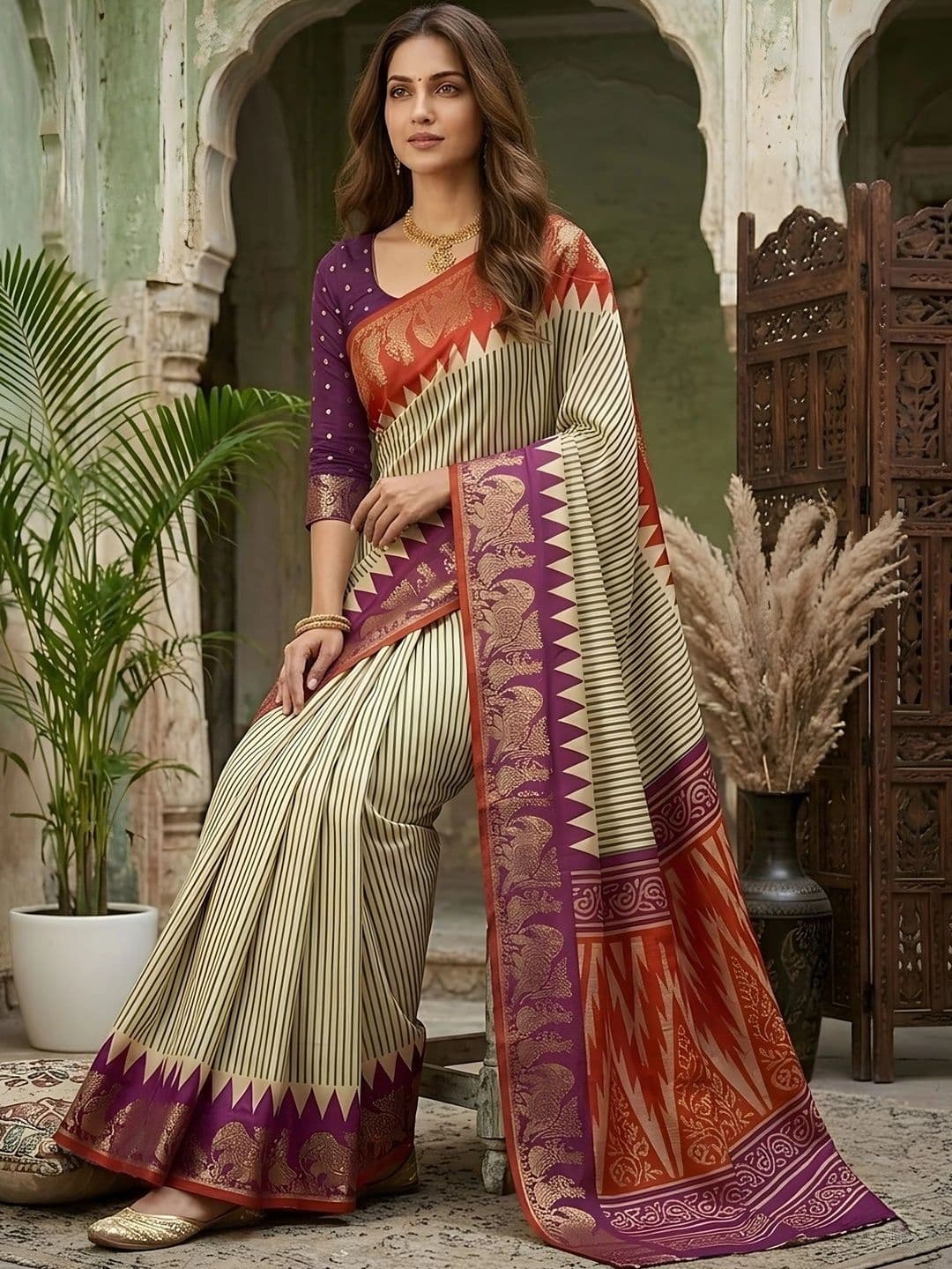 Mitera Striped Zari Silk Blend Designer Saree thumbnail 4