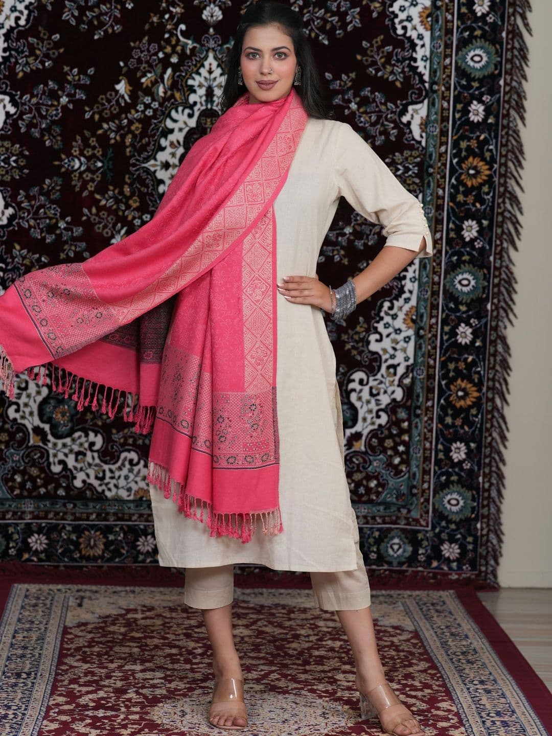 S.T. Women Ethnic Motifs Woven Design Acrylic Shawl thumbnail 3