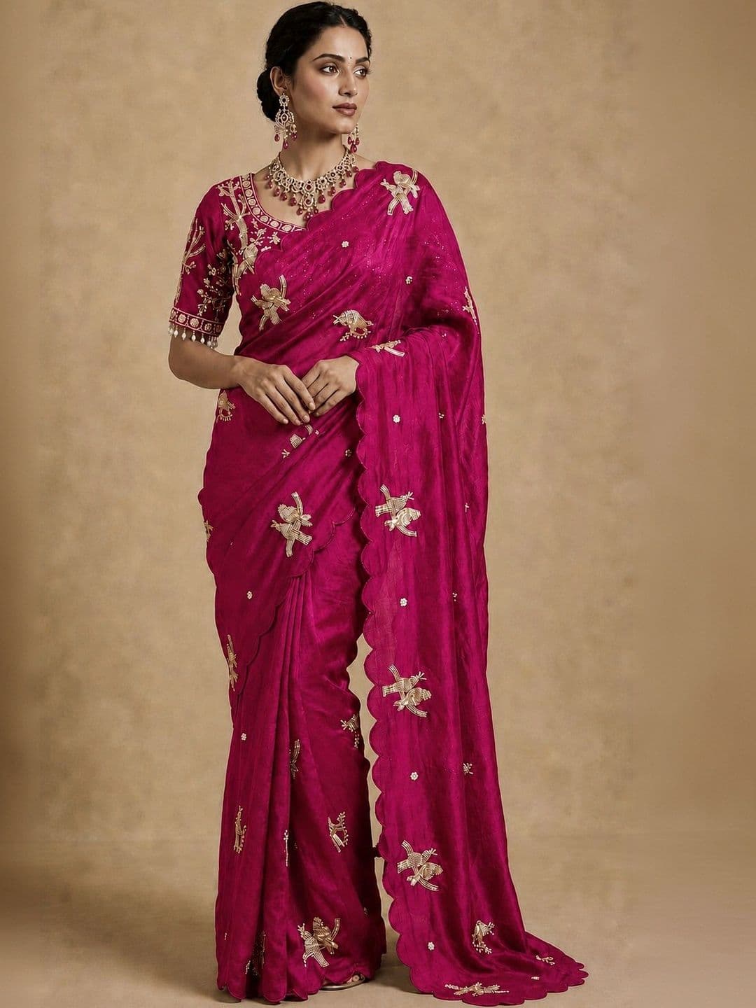 HK TEX Floral Embroidered Satin Saree - view 1