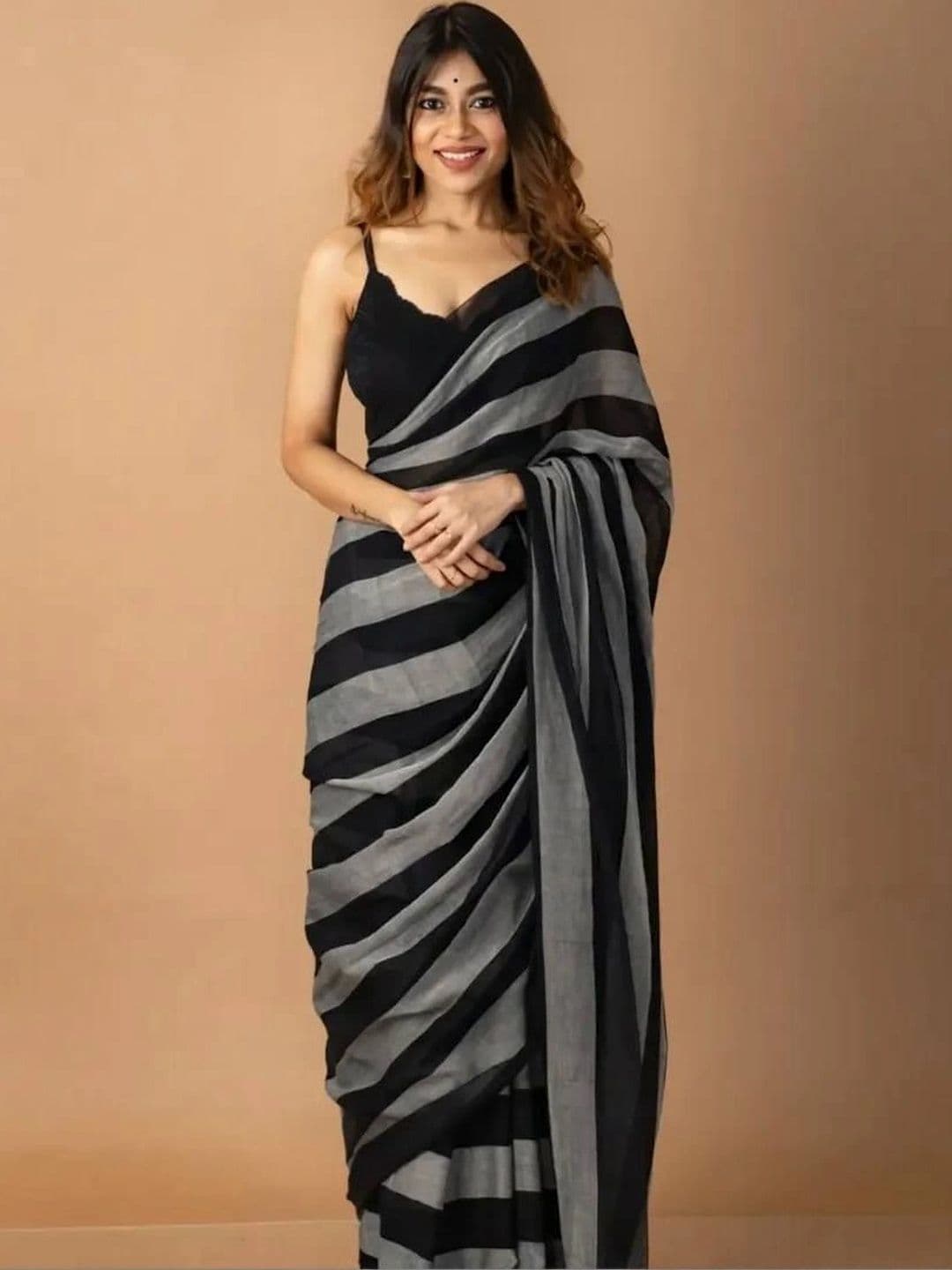 saneria silk Striped Linen Blend Taant Saree - view 1
