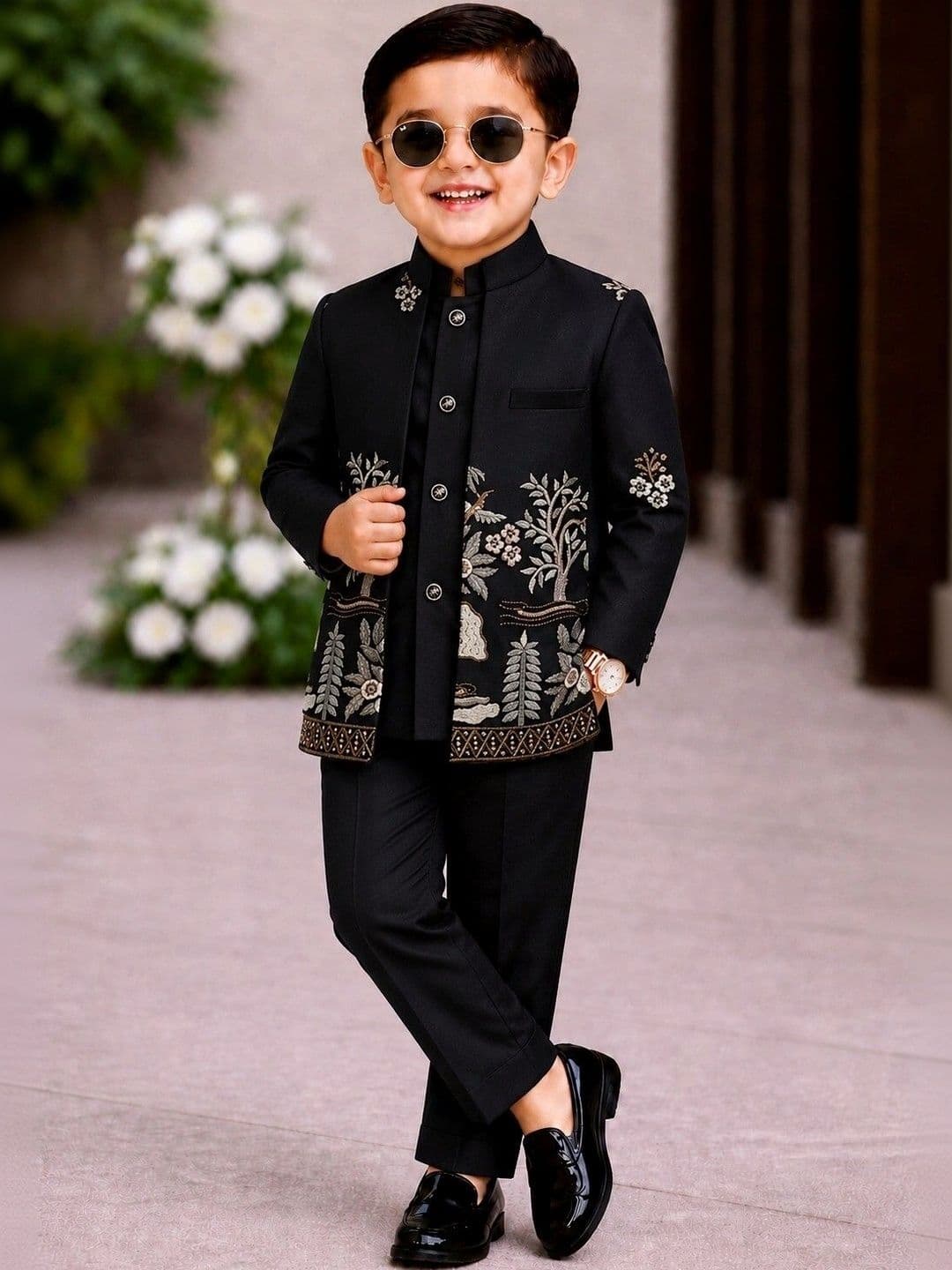 ELITE TRENDZZ Boys Embroidered Satin Mandarin Collar Neck Sherwani Set - view 1