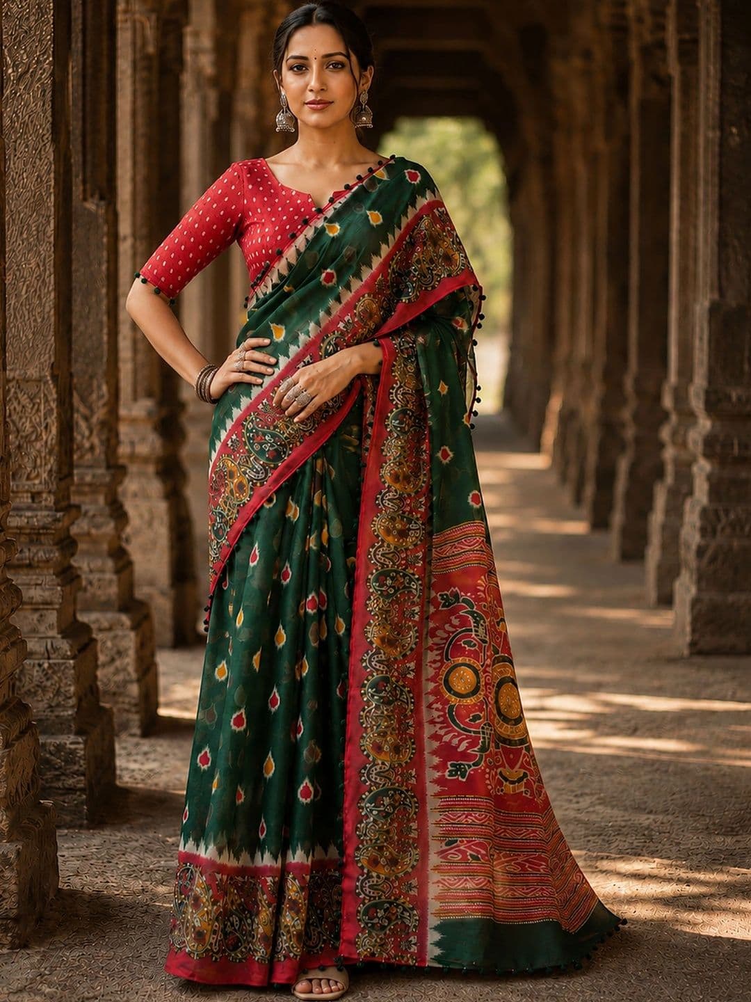 KALINI Linen Blend Designer Block Print Saree thumbnail 4