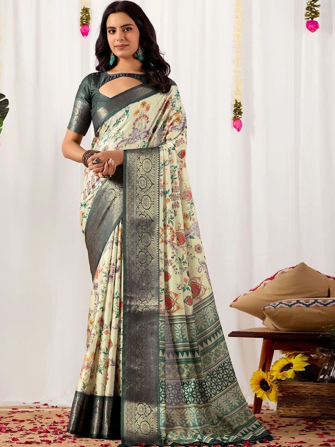 Mitera Floral Zari Silk Blend Designer Saree - view 1