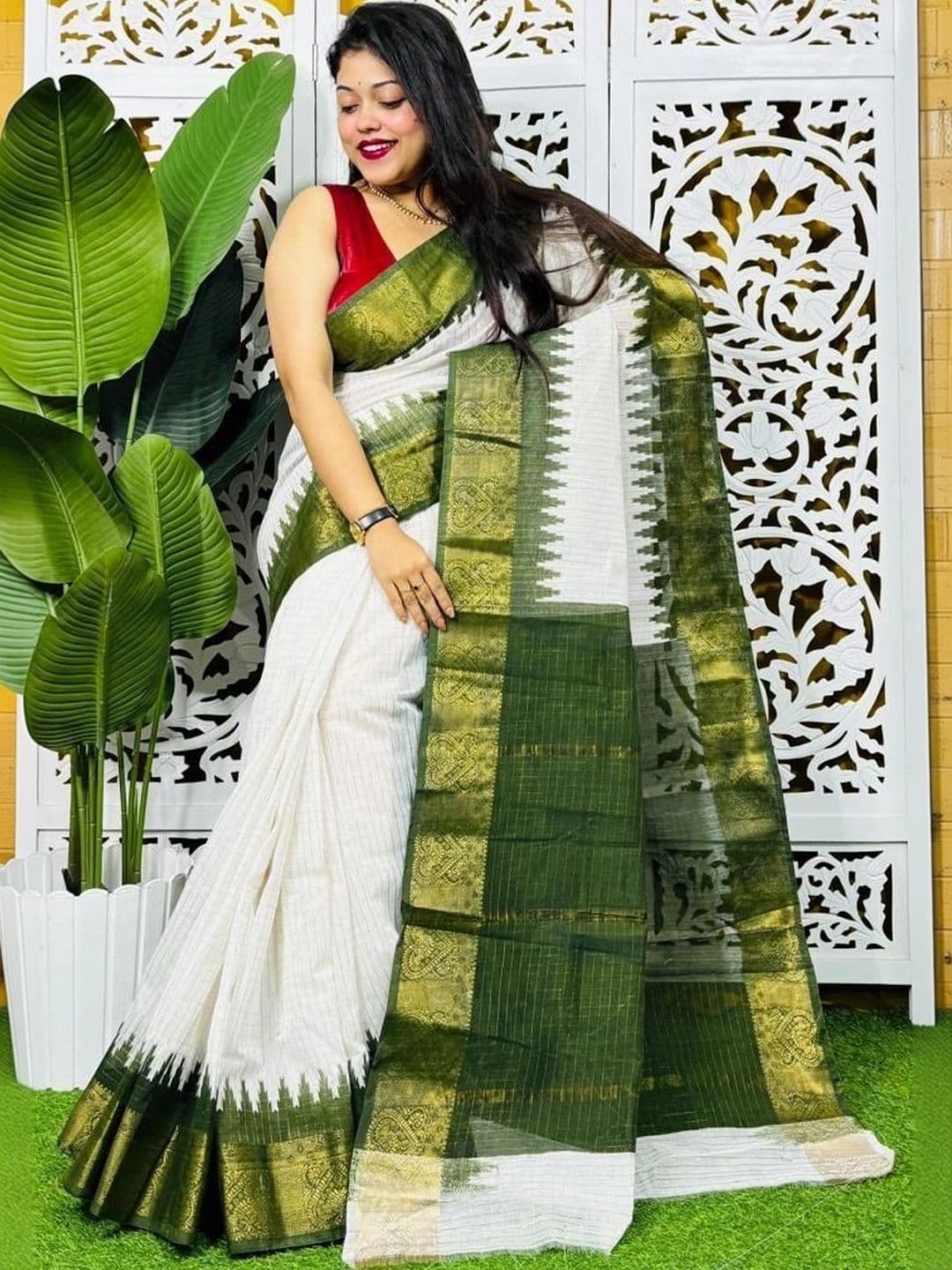 TWRIL Striped Zari Pure Cotton Saree - view 1