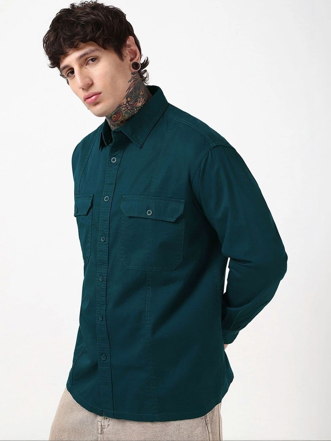 Bewakoof Men's Deep Teal Blue Oversized Cargo Shirt thumbnail 3