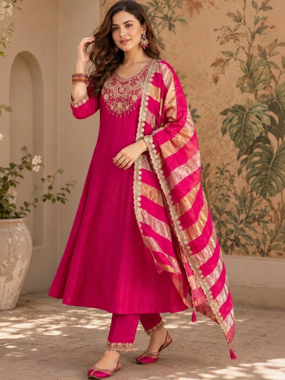 Sangria Women Ethnic Motifs Embroidered Regular Dupion Silk Kurta with Trousers & With Dupatta thumbnail 4