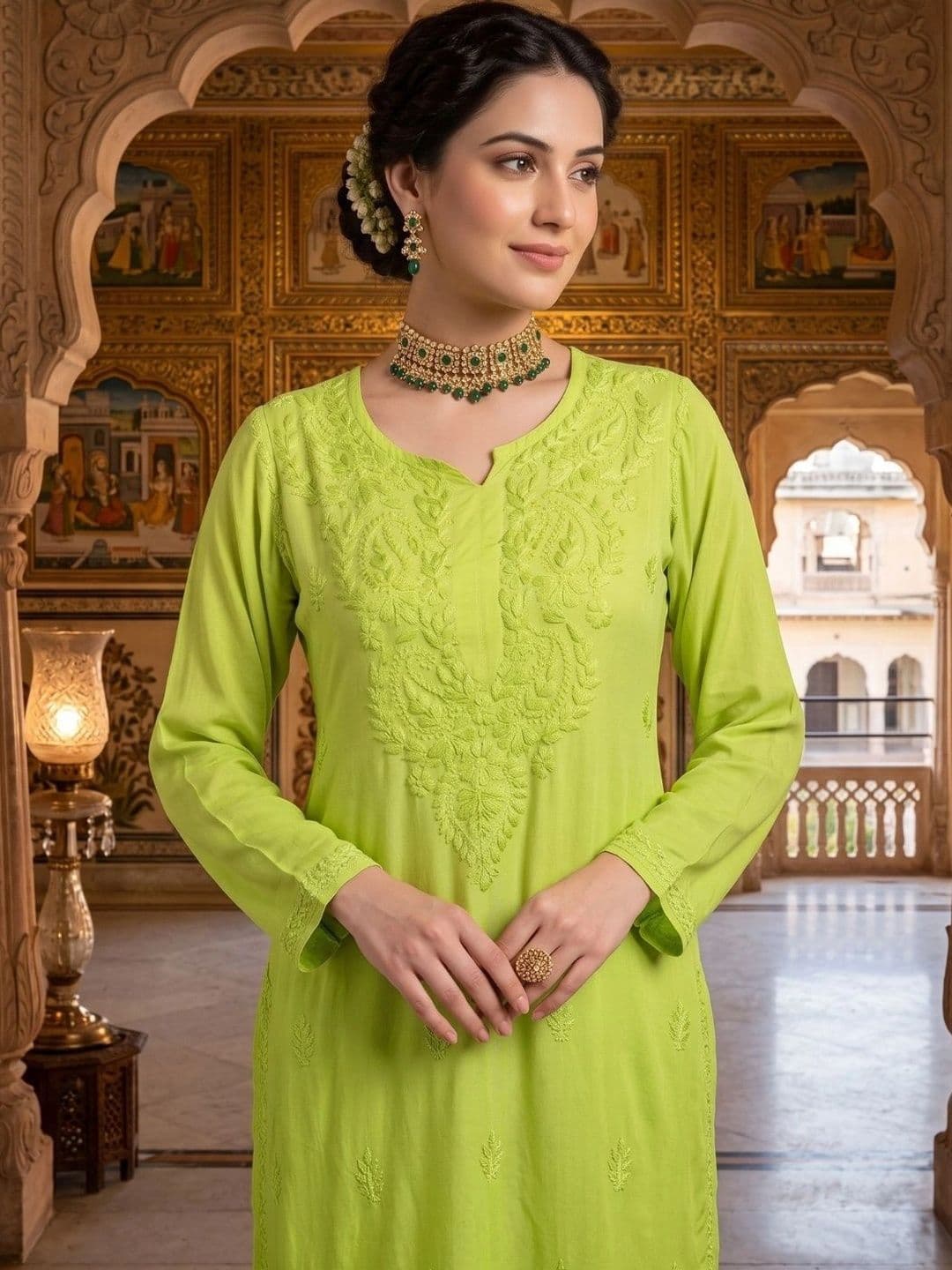 Meiraas Studios Women Ethnic Motifs Embroidered Regular Chikankari Kurta with Palazzos & With Dupatta thumbnail 2