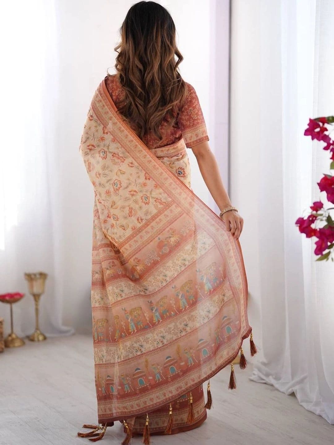 saneria silk Kalamkari Linen Blend Bagru Saree thumbnail 5
