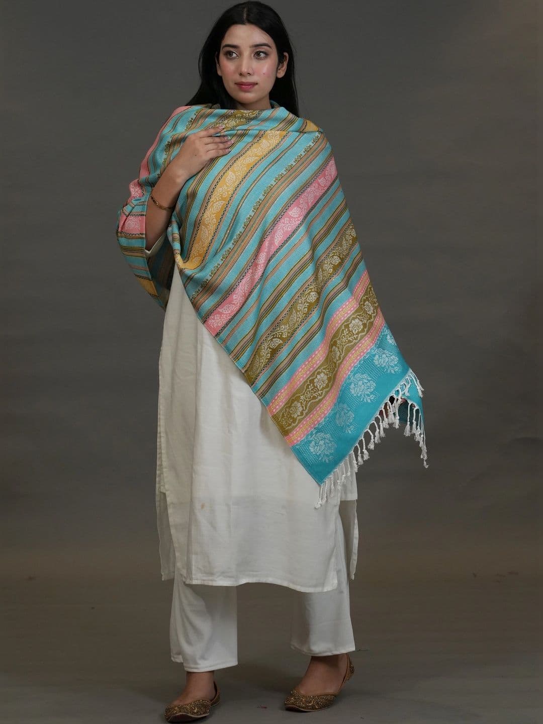 SHIFNEEN Women Striped Woven Design Acrylic Shawl thumbnail 3