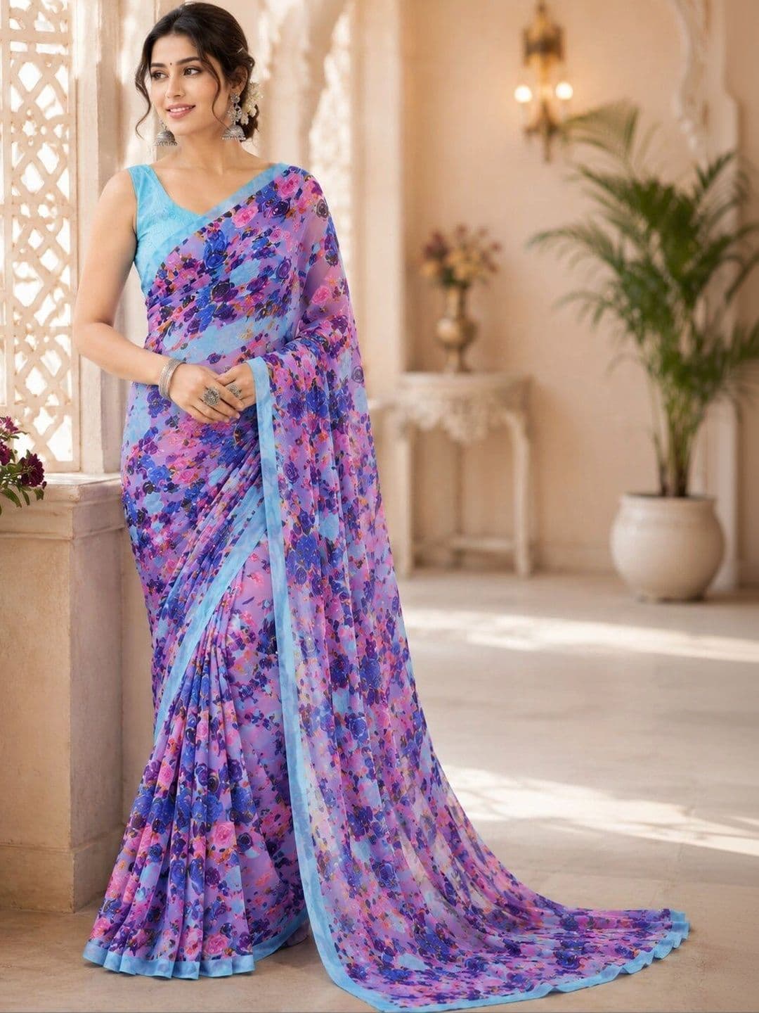 NARIVESH TRENDS Floral Poly Georgette Saree - view 1