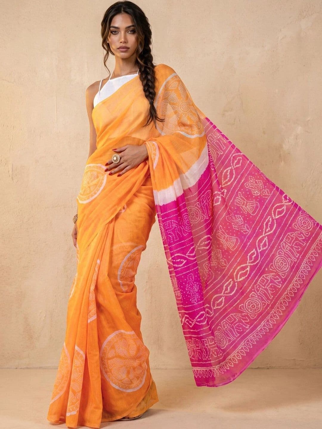 SAARA Bandhani Pure Linen Saree thumbnail 5
