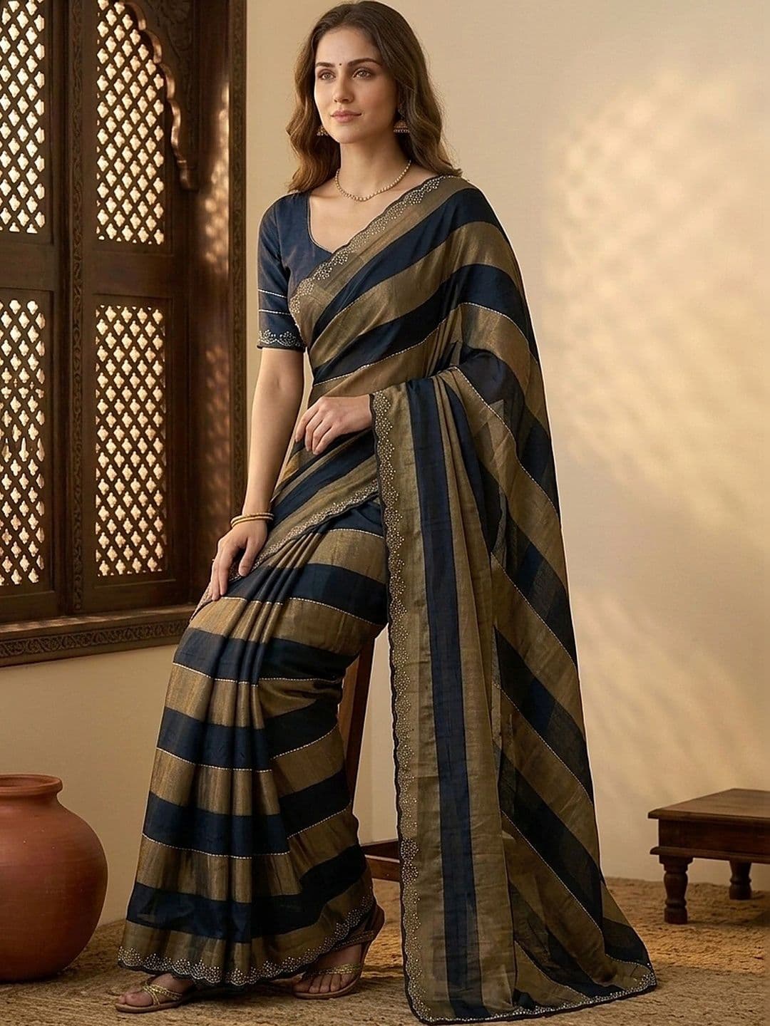 all about you Striped Embroidered Silk Blend Fusion Saree thumbnail 2