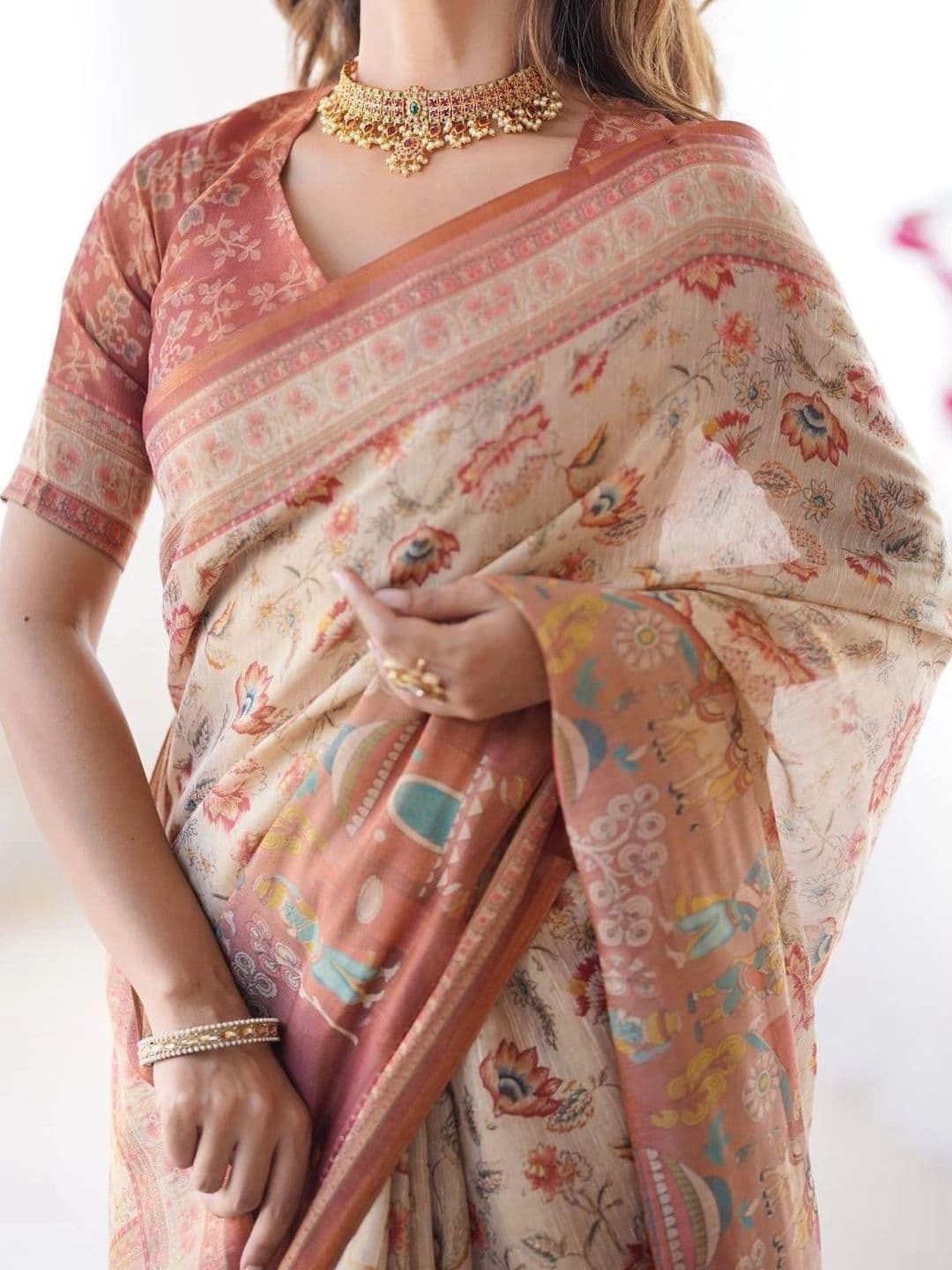 saneria silk Kalamkari Linen Blend Bagru Saree thumbnail 3