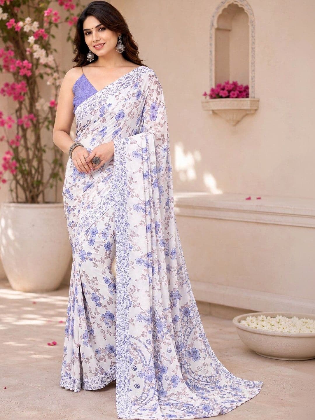 NARIVESH TRENDS Floral Poly Georgette Saree thumbnail 3