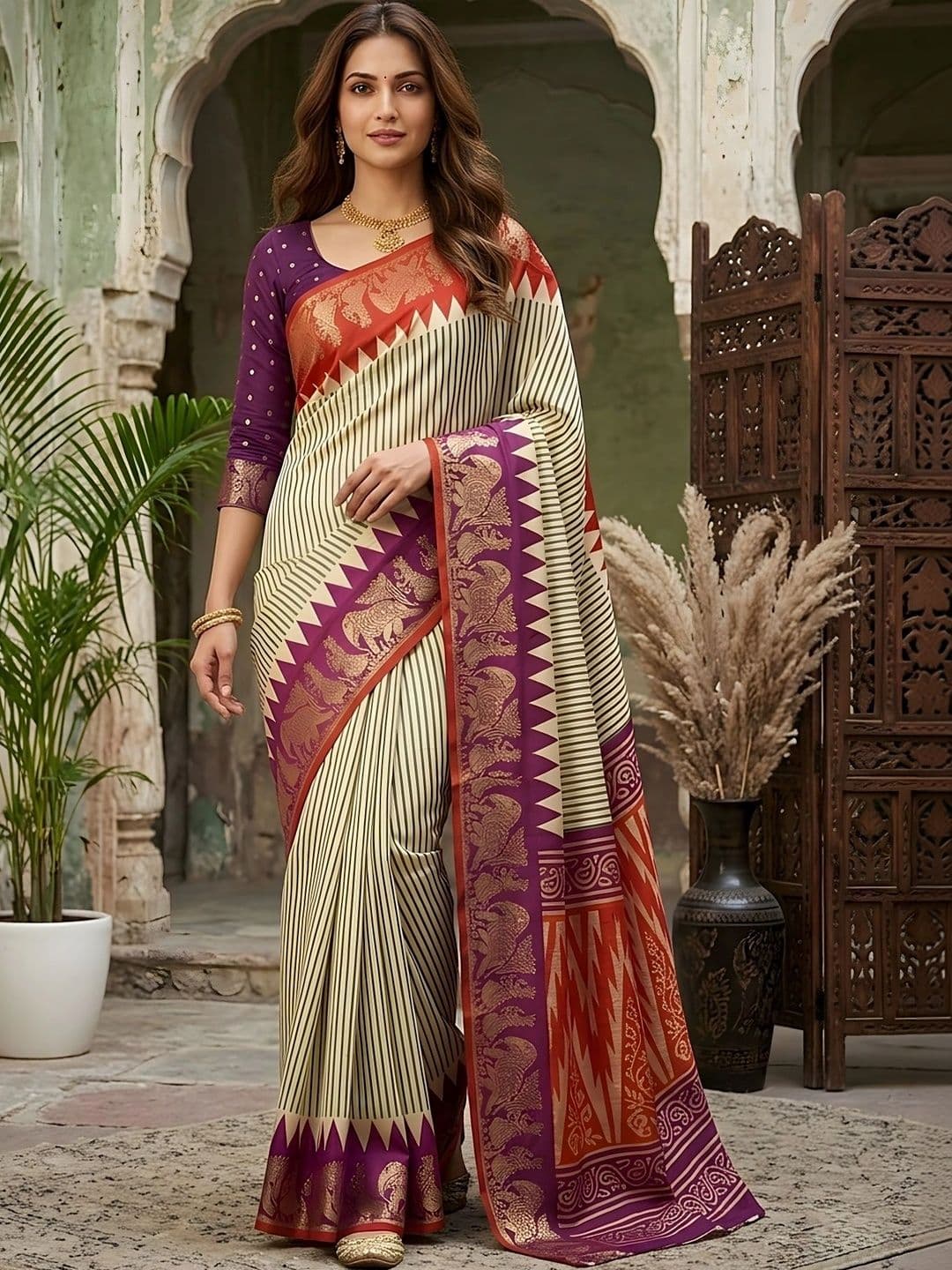 Mitera Striped Zari Silk Blend Designer Saree - view 1