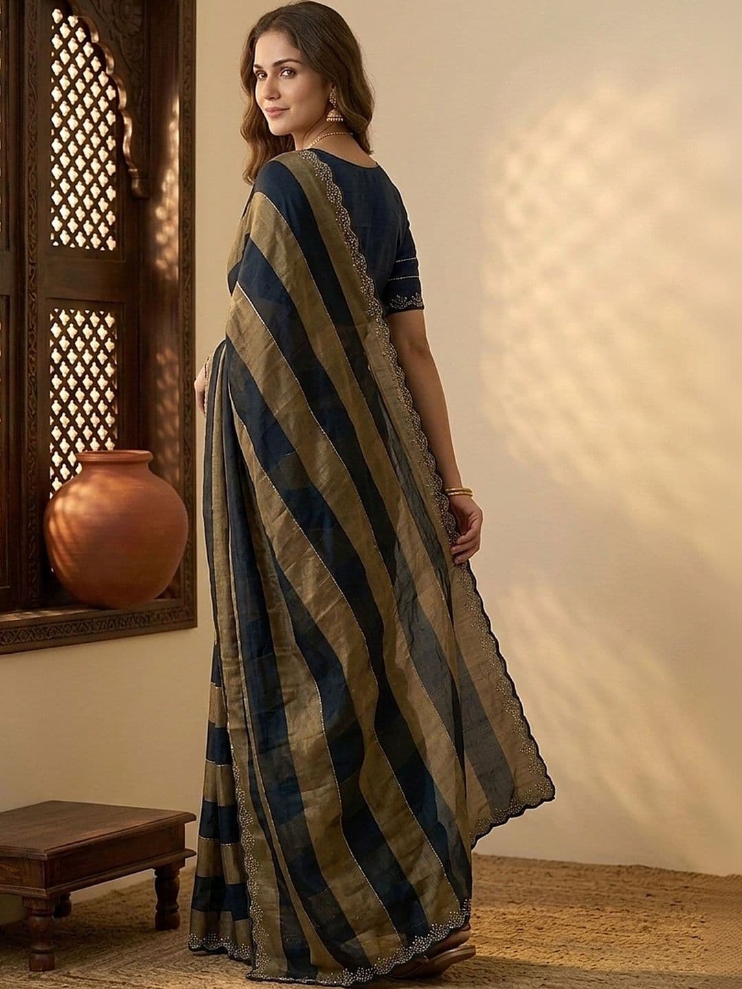 all about you Striped Embroidered Silk Blend Fusion Saree thumbnail 4