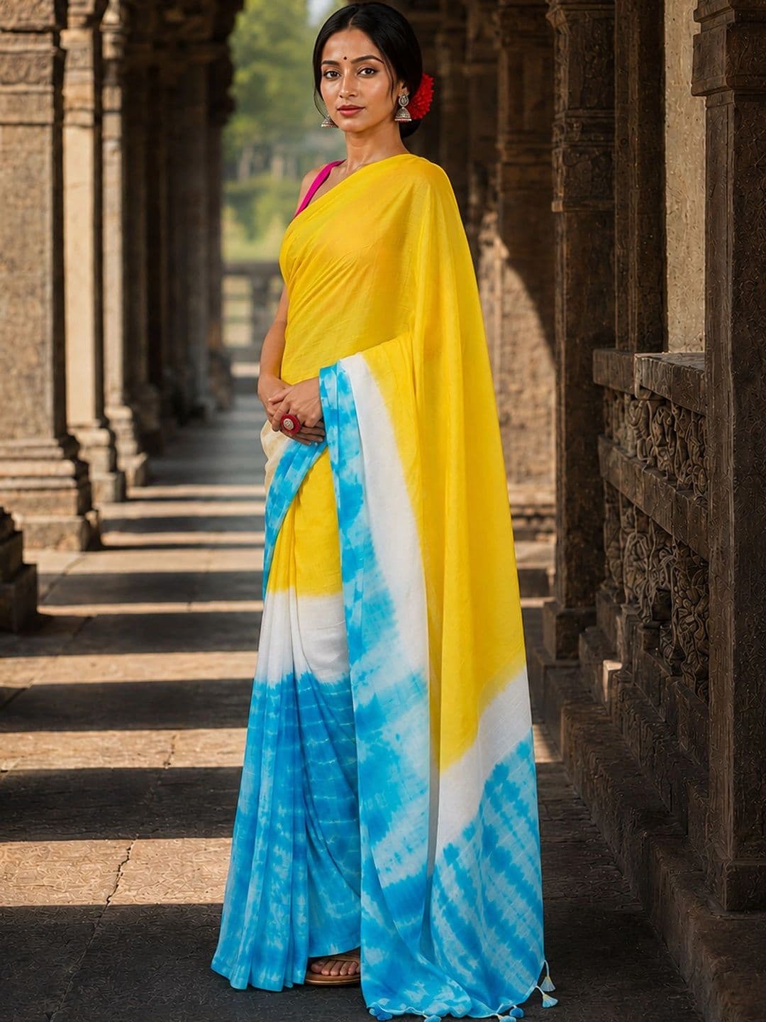 KALINI Tie and Dye Linen Blend Designer Block Print Saree thumbnail 6