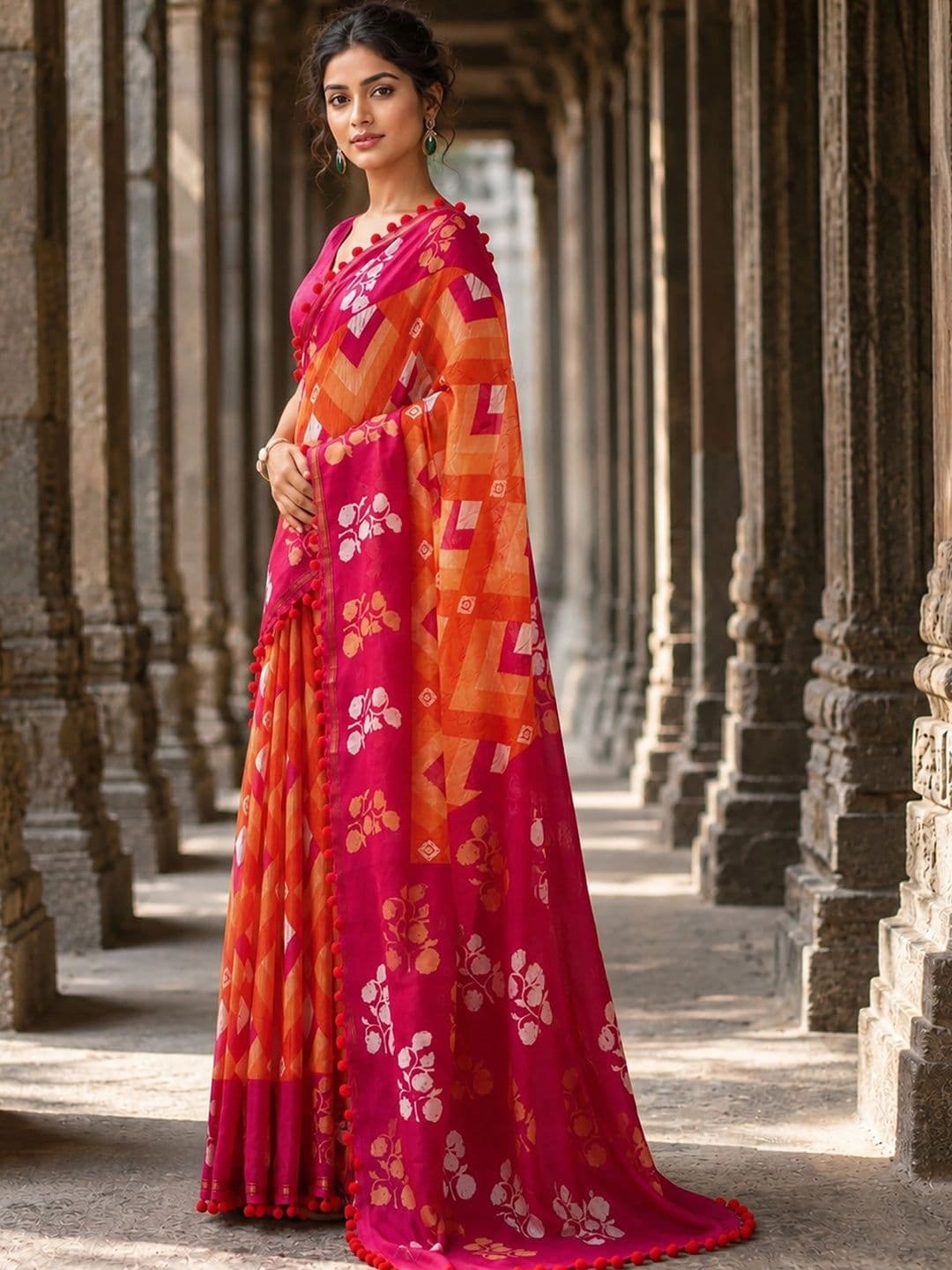 KALINI Linen Blend Designer Block Print Saree thumbnail 4