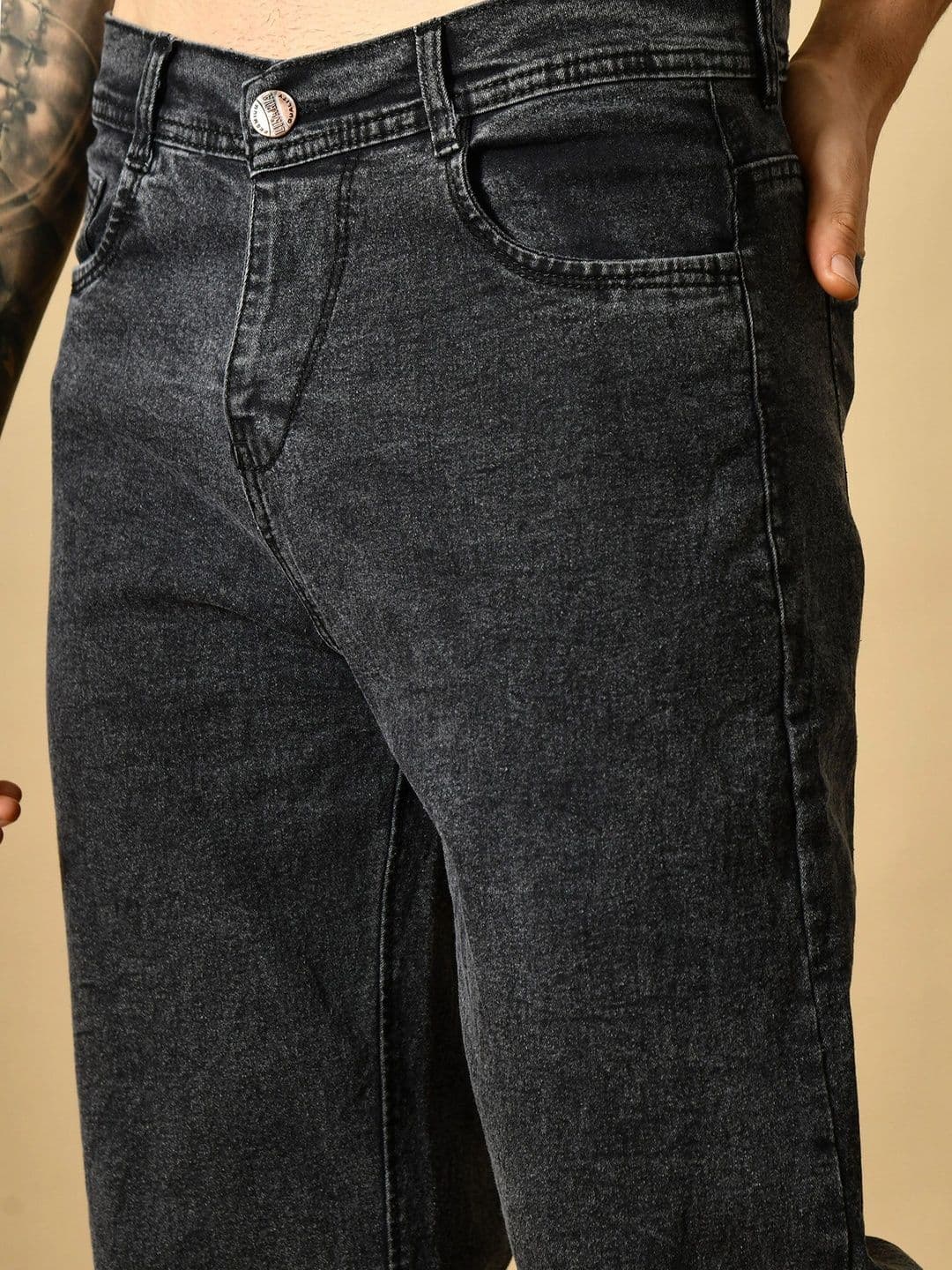 HERE&NOW Men's Washed Black Mid-Rise Straight Fit Jeans with 5-Pocket Styling thumbnail 3