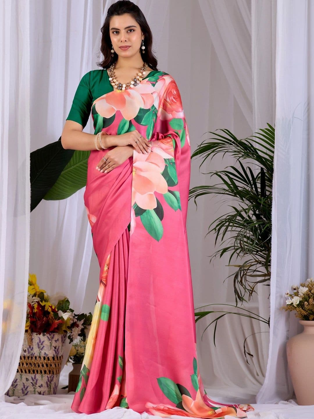 DIVASTRI Floral Satin Designer Saree - view 1