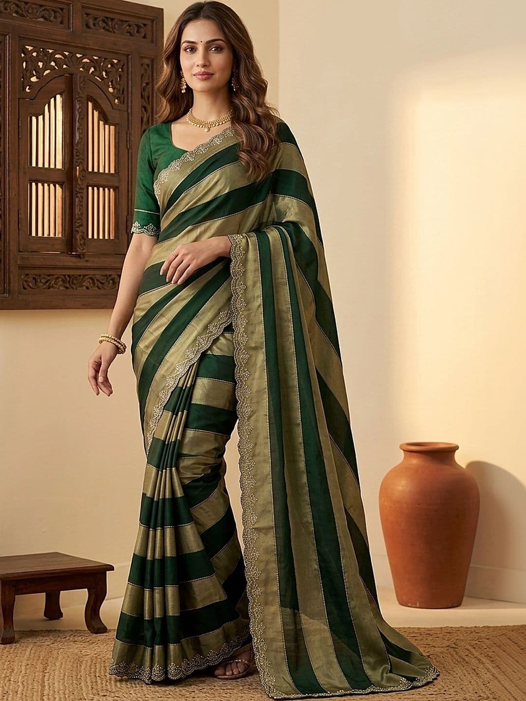 all about you Striped Embroidered Silk Blend Fusion Saree thumbnail 3