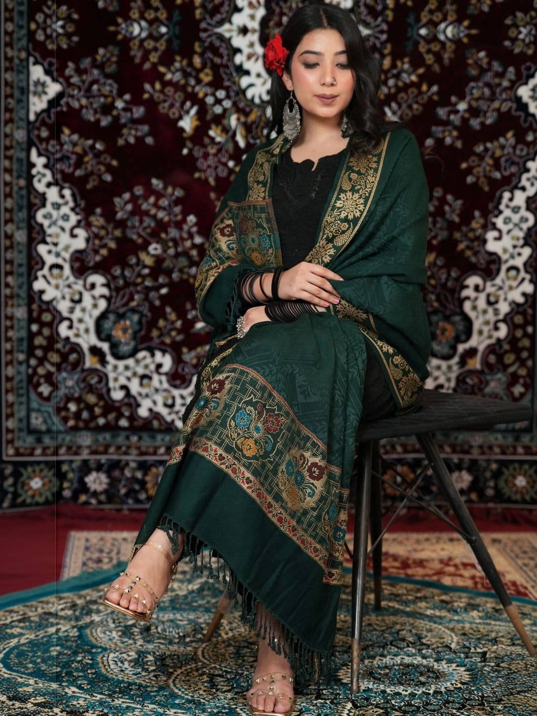 SHIFNEEN Women Ethnic Motifs Woven Design Acrylic Shawl thumbnail 2