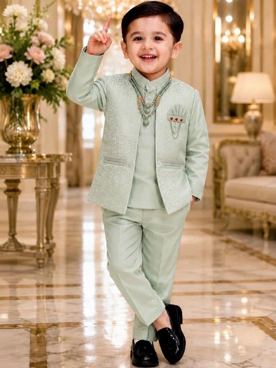 Elite Trend Traders Boys Self Design Mandarin Collar Sherwani Set - view 1