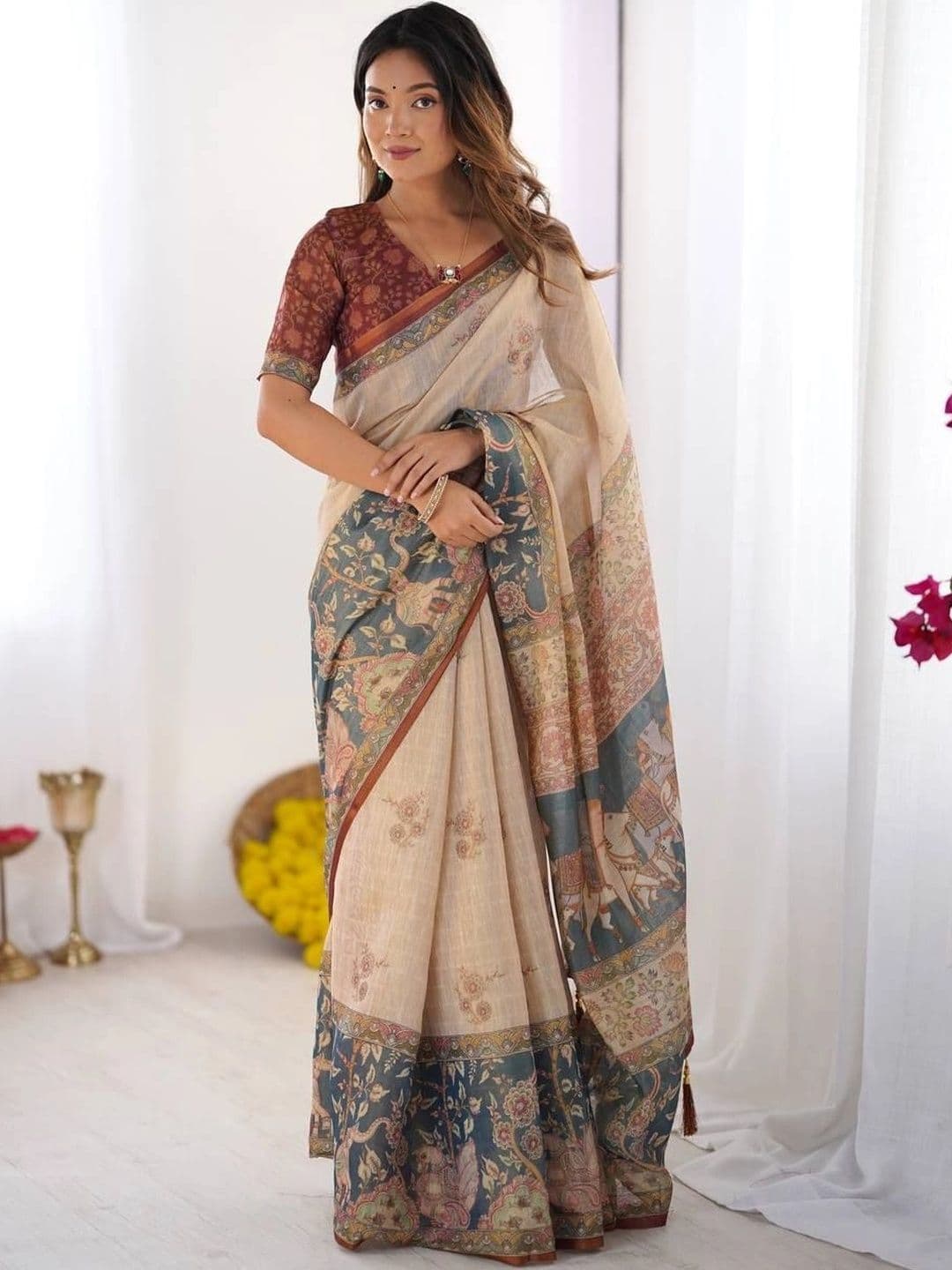 saneria silk Kalamkari Linen Blend Chanderi Saree - view 1