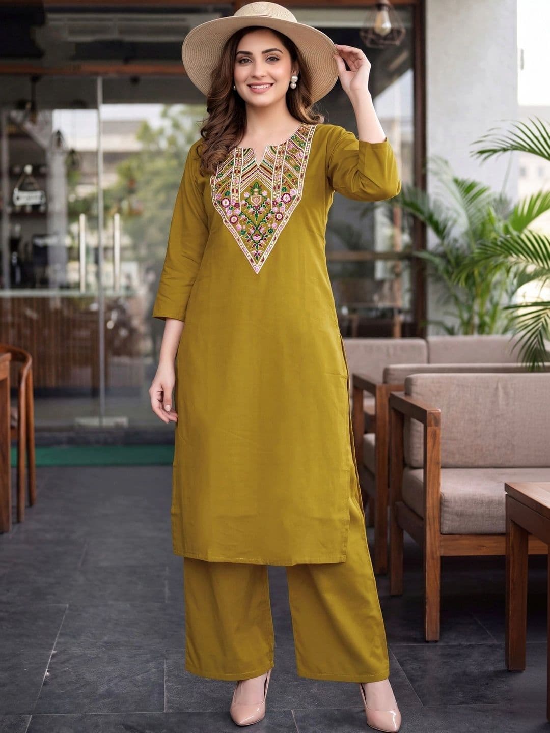 KASTURUM Women Ethnic Motifs Embroidered Regular Thread Work Pure Cotton Kurta with Palazzos - view 1