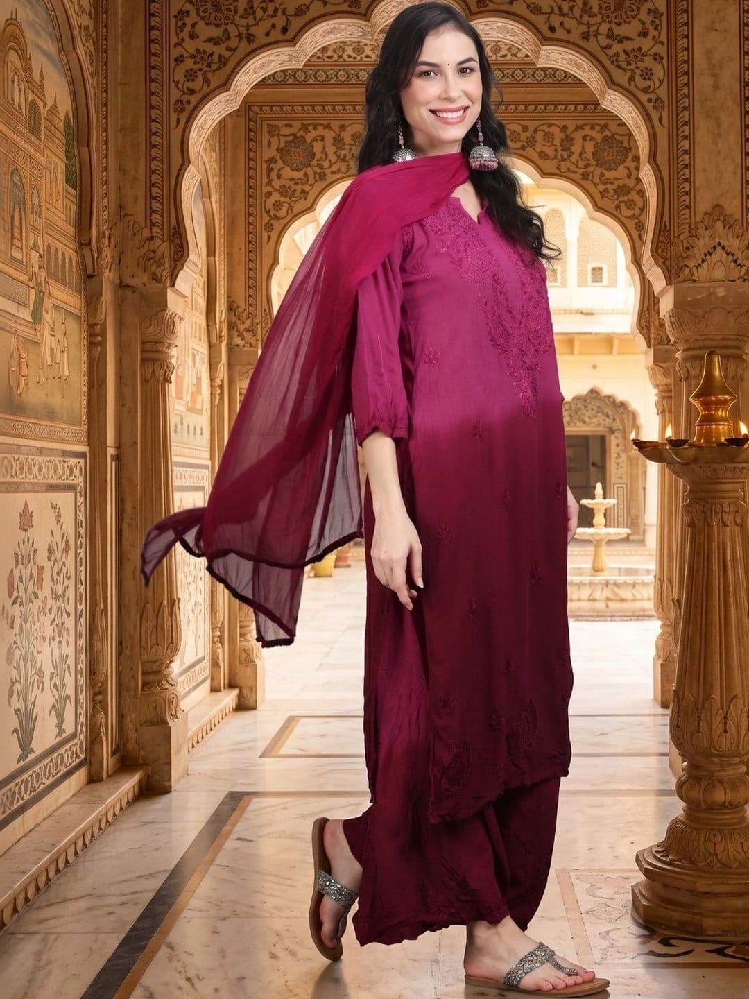 Meiraas Studios Women Ethnic Motifs Embroidered Regular Thread Work Kurta with Palazzos & With Dupatta thumbnail 4