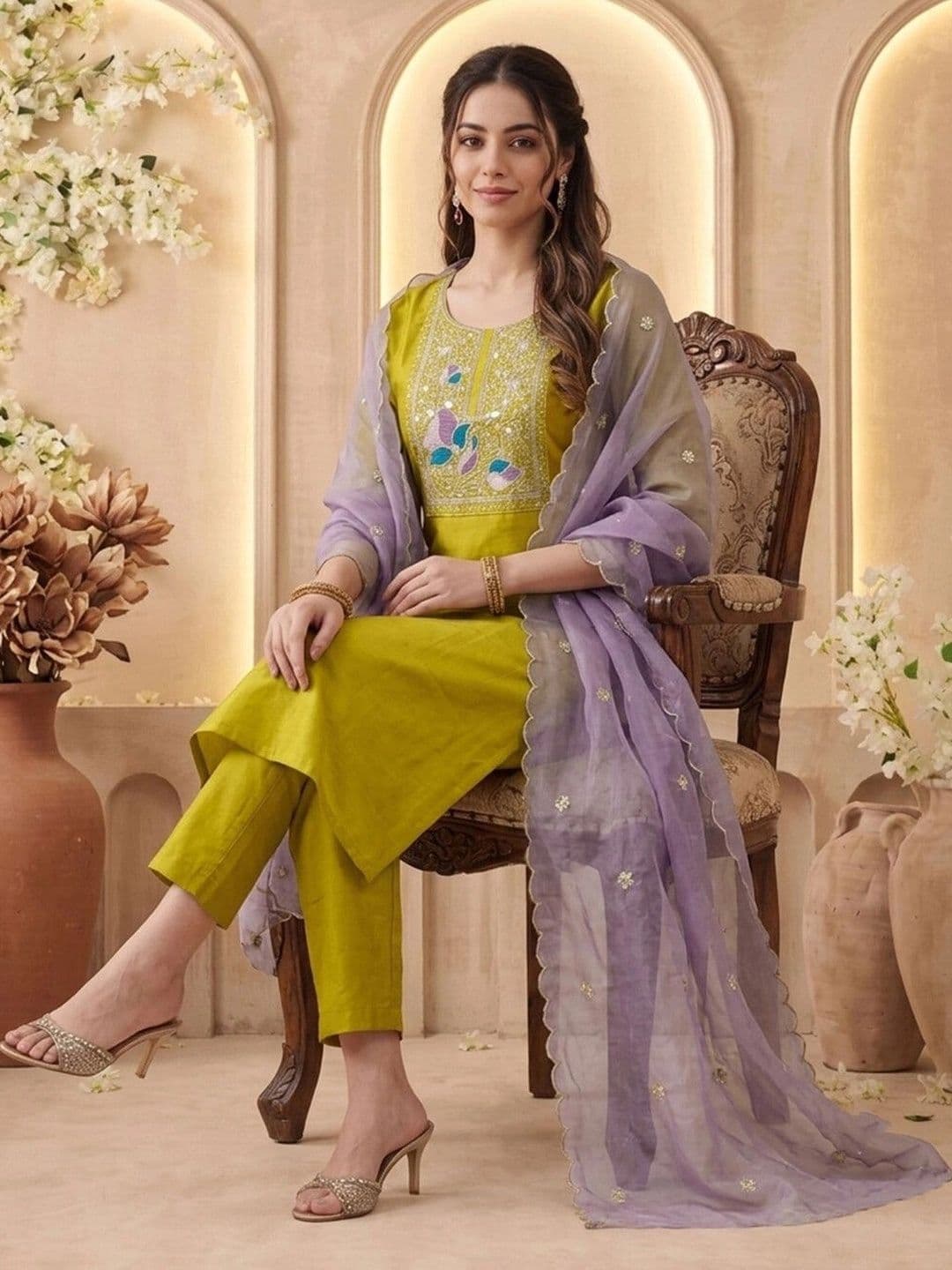 SASSIC Women Ethnic Motifs Embroidered Regular Thread Work Pure Silk Kurta with Palazzos & With Dupatta thumbnail 6