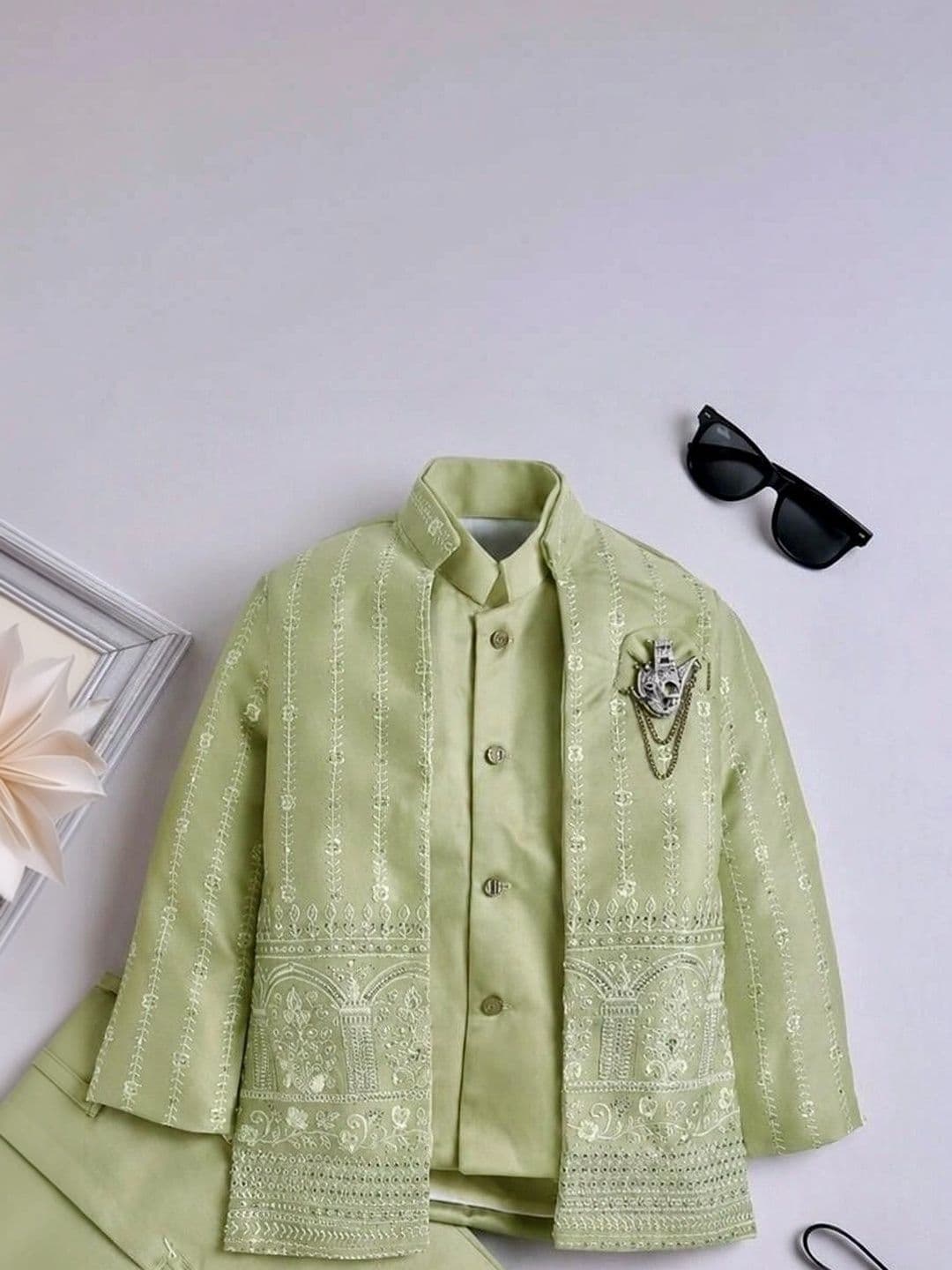 Elite Trend Traders Boys Embroidered Satin Mandarin Collar Neck Sherwani Set thumbnail 2