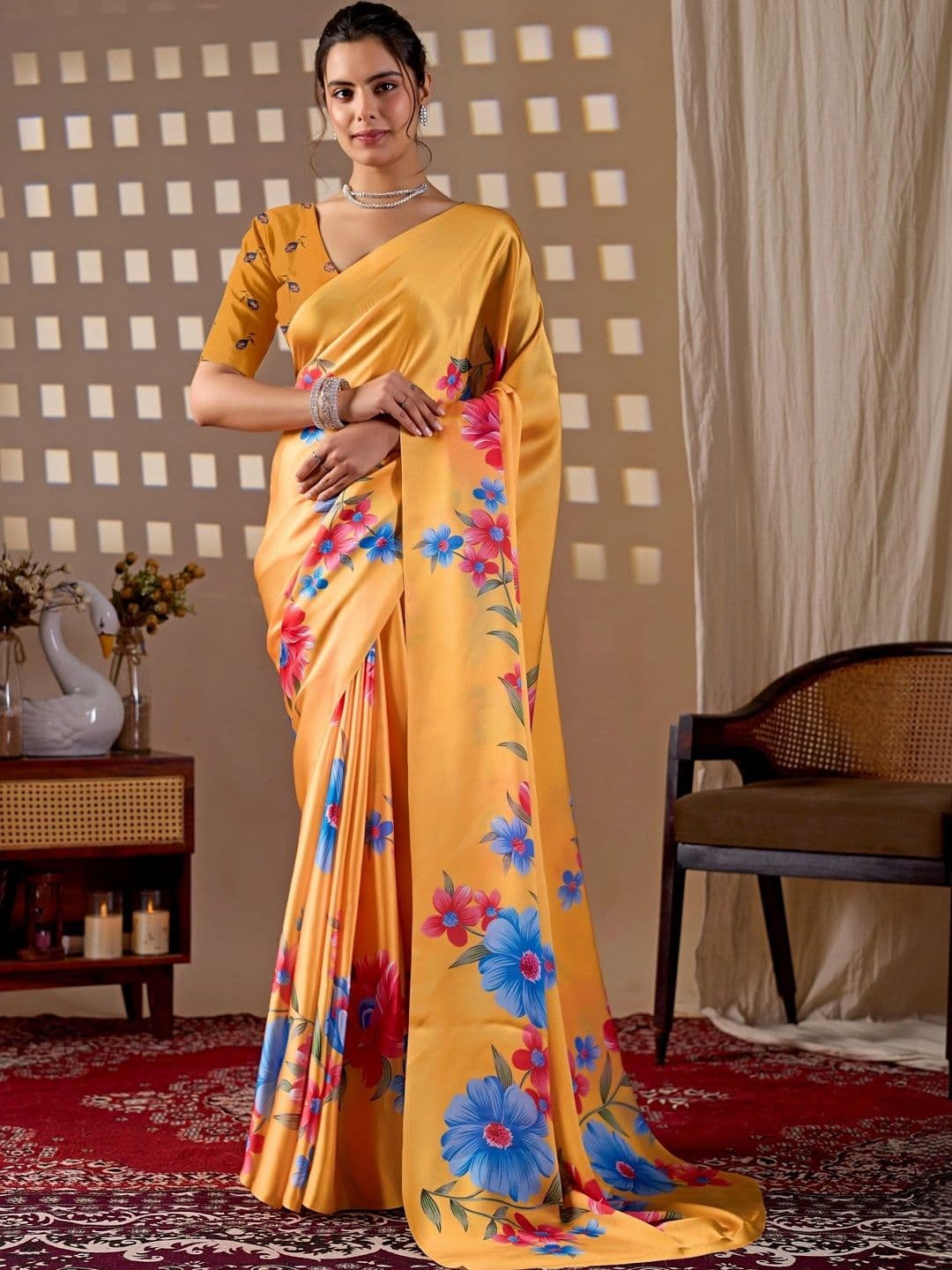 DIVASTRI Floral Satin Designer Saree - view 1