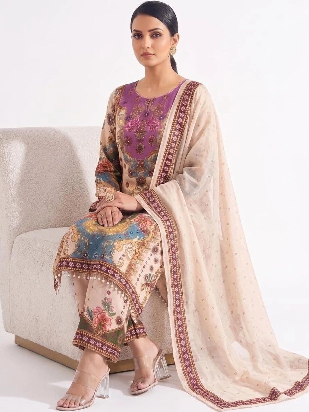 Trendy Kart2 Women Ethnic Motifs Printed Regular Kurta with Trousers & With Dupatta thumbnail 2